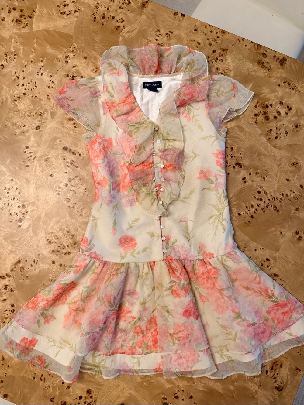 Ralph Lauren Ivory Floral Ruffle Chiffon Dress with Coral Accents